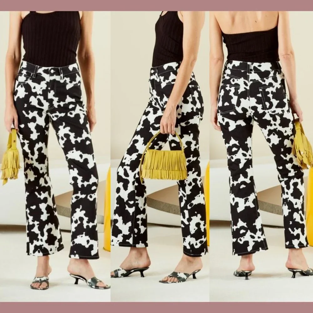 NEW $395 SIMON MILLER [ 24 ] Bell Bottom Jeans In Black White Cow‎ Print #Q375